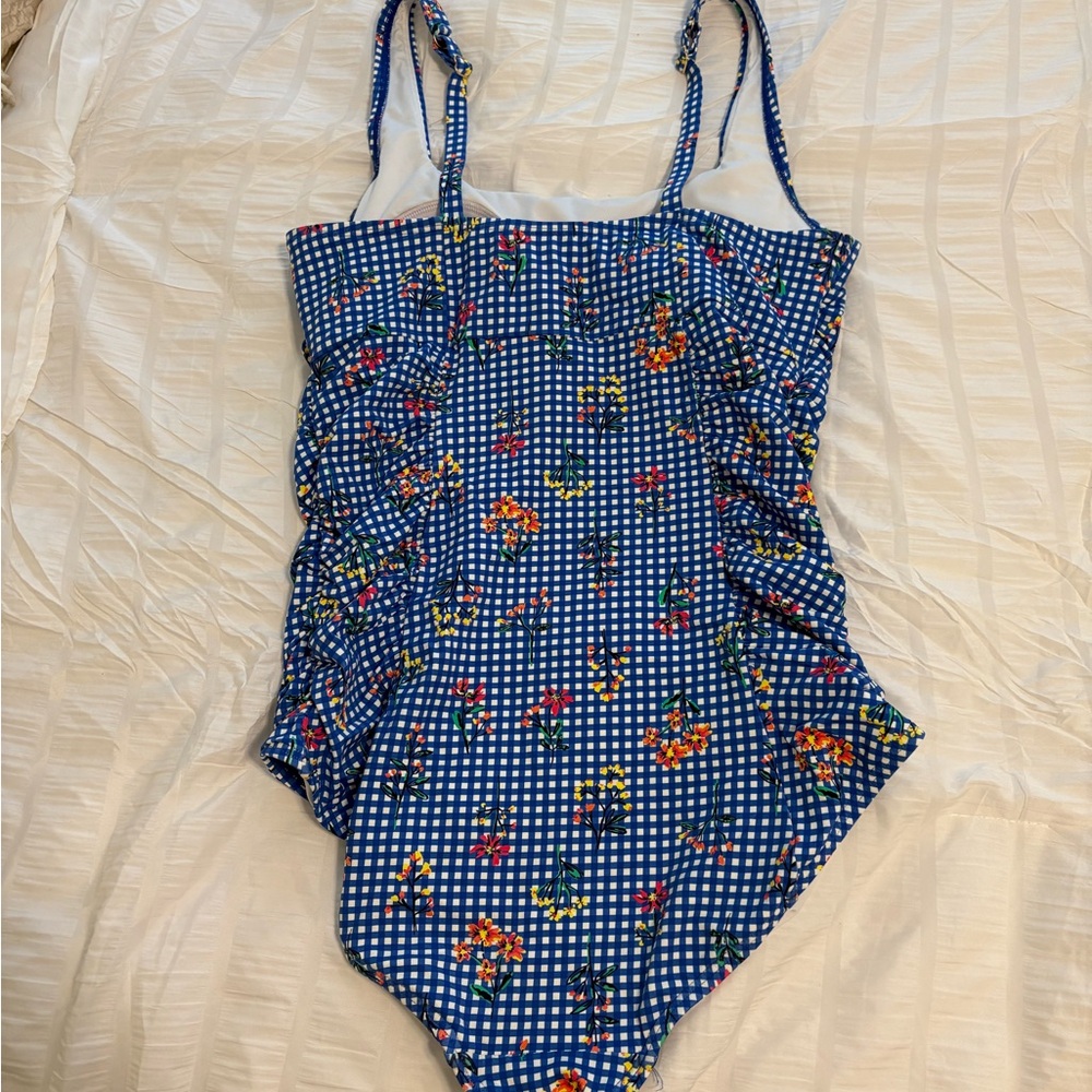 Lands' End Botanical Check Floral Print Swimsuit Size 14 - Picture 2 of 4